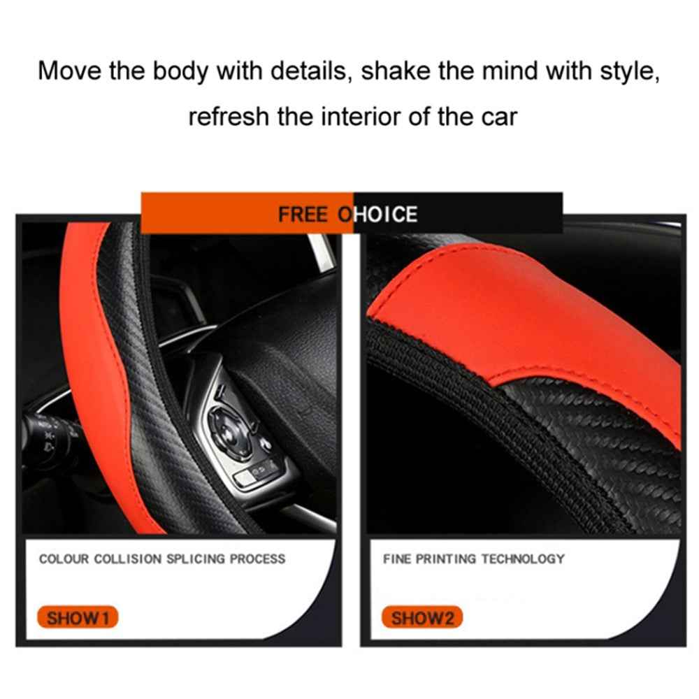 39cm Carbon Fiber Leather Steering Wheel Cover Anti-Slip Car Steering Wheel Protector - Wine Red