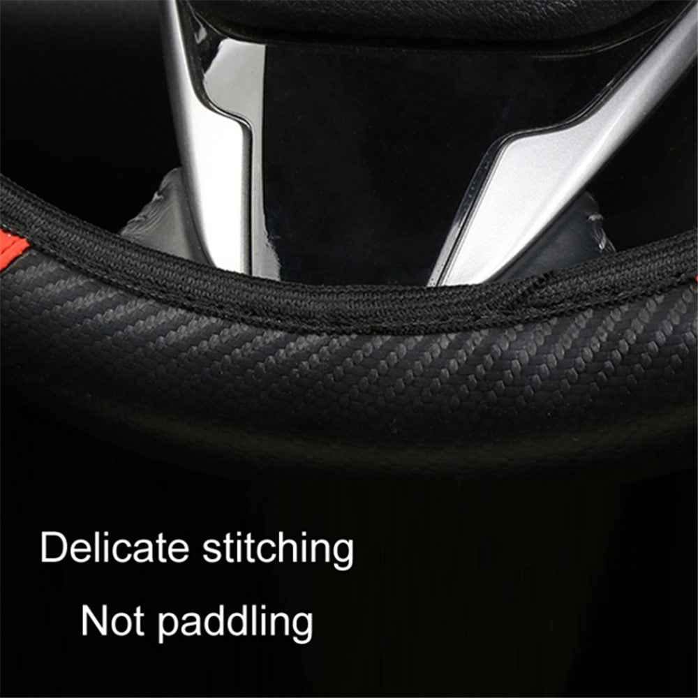 39cm Carbon Fiber Leather Steering Wheel Cover Anti-Slip Car Steering Wheel Protector - Black