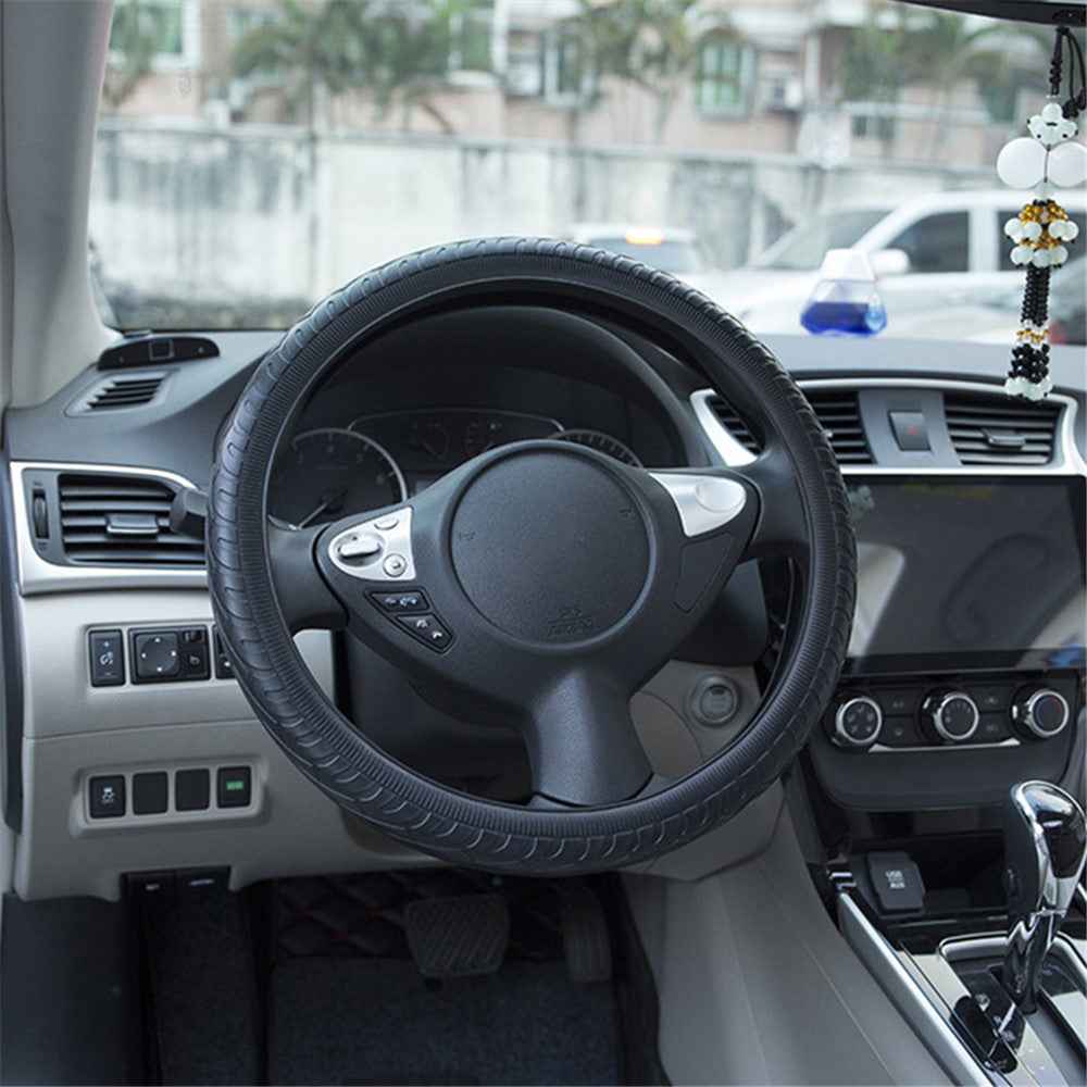 Car Tire Texture Steering Wheel Anti-slip Grip Silicone Protective Cover - Black