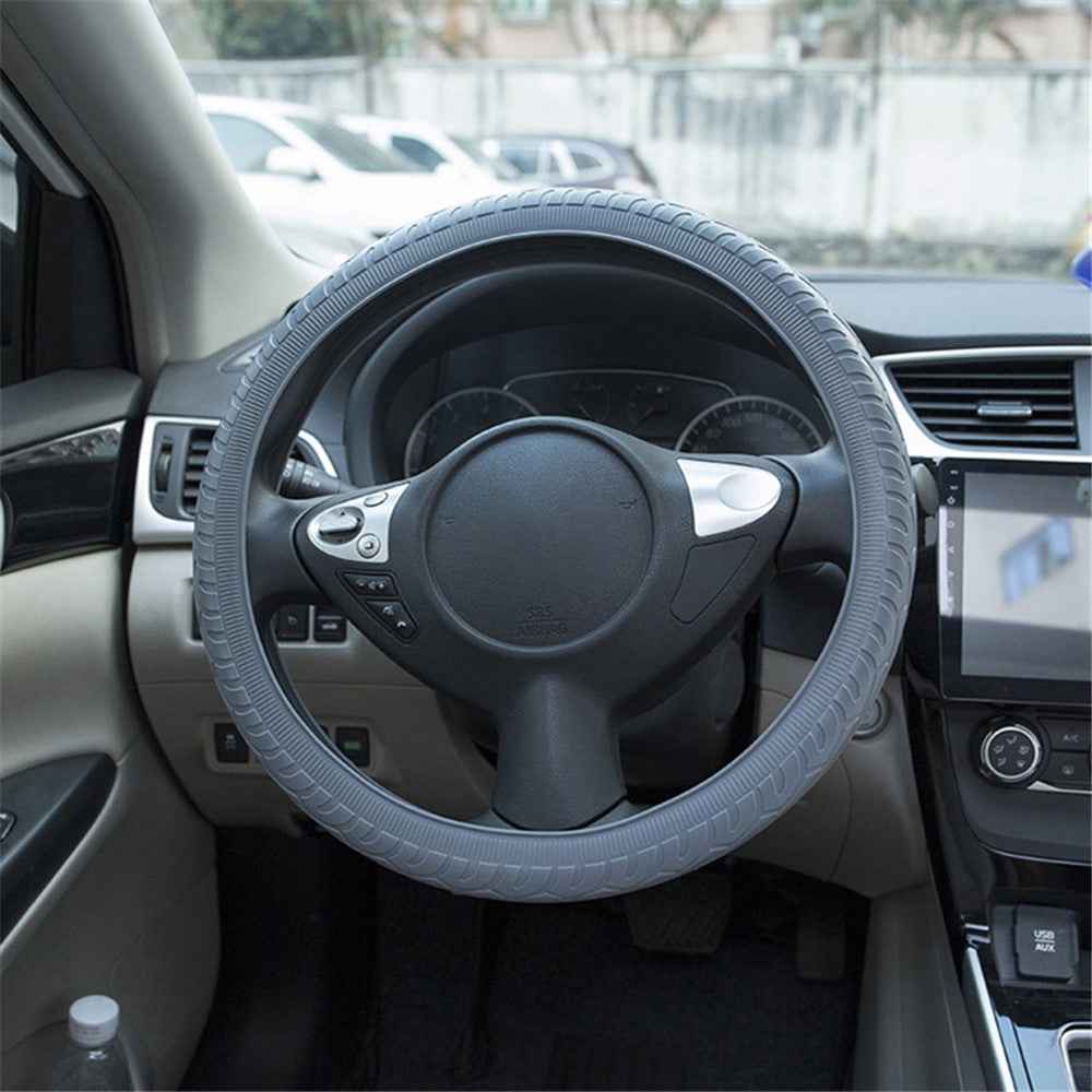 Car Tire Texture Steering Wheel Anti-slip Grip Silicone Protective Cover - Grey