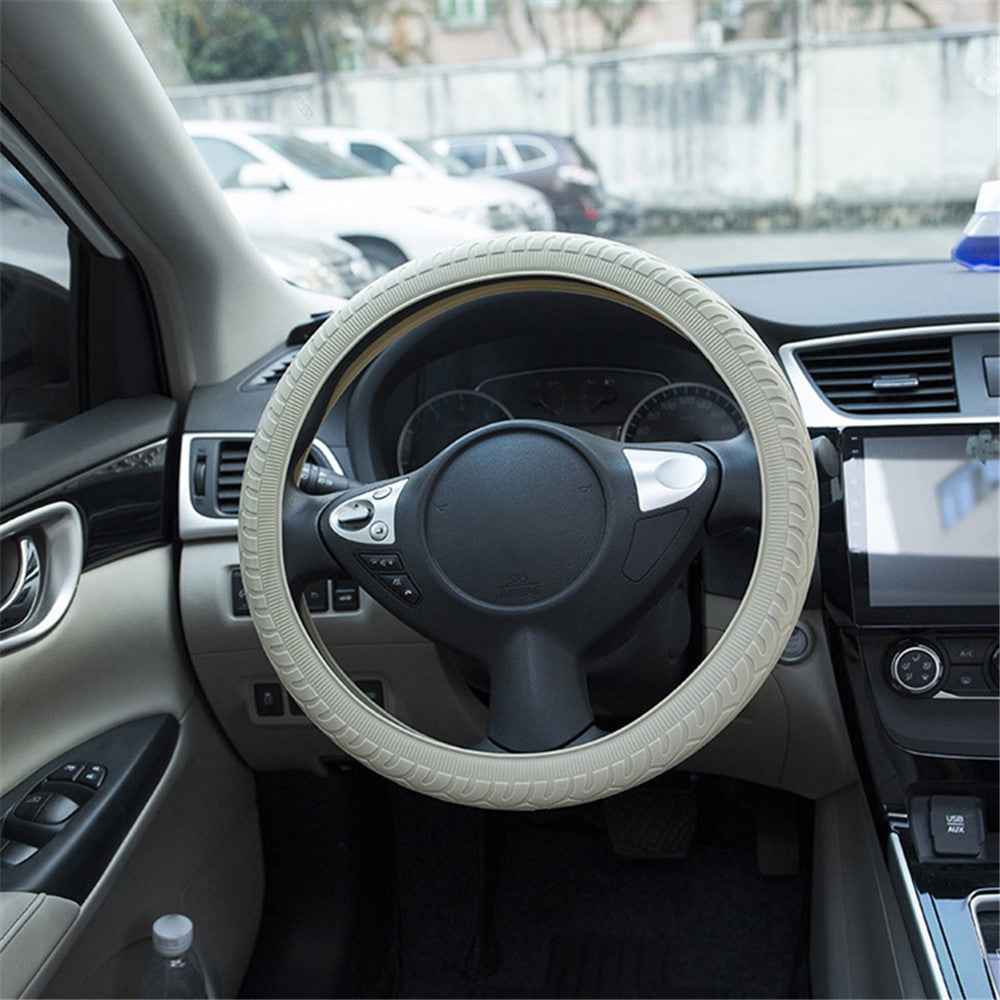 Car Tire Texture Steering Wheel Anti-slip Grip Silicone Protective Cover - Beige