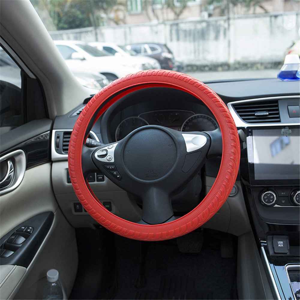 Car Tire Texture Steering Wheel Anti-slip Grip Silicone Protective Cover - Red