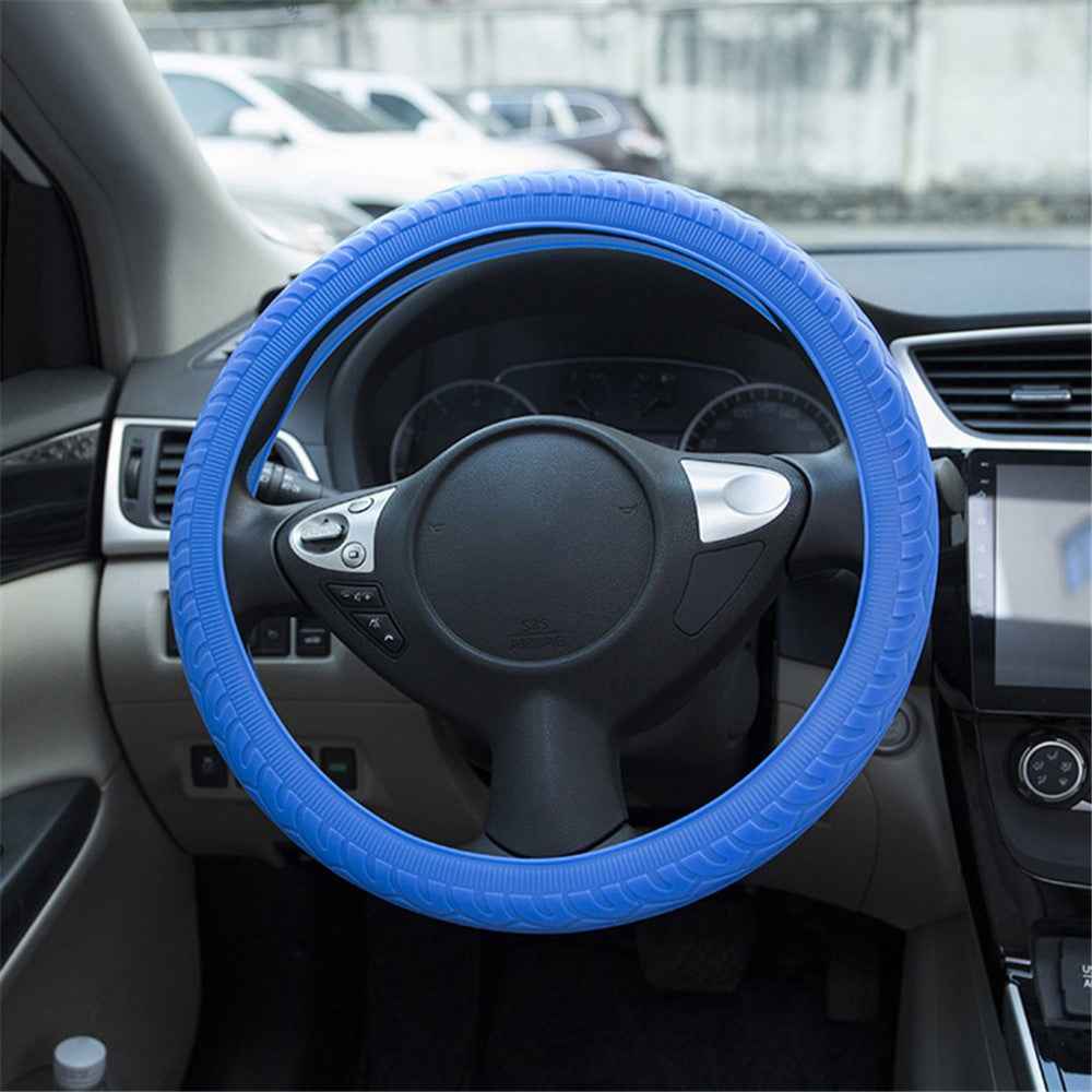 Car Tire Texture Steering Wheel Anti-slip Grip Silicone Protective Cover - Blue