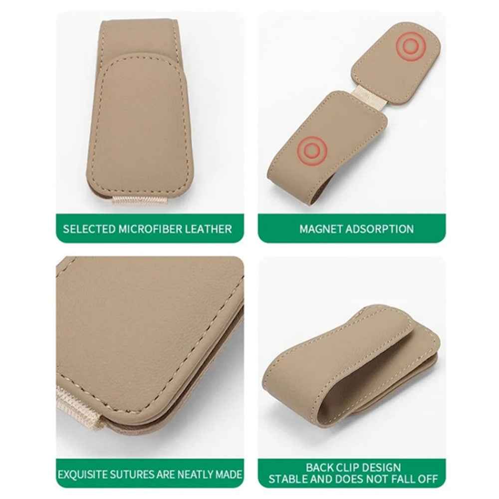 Car Sun Visor Sunglasses Holder Magnetic Microfiber Leather Glasses Eyeglass Hanger for Ticket, Card, Bill - Brown