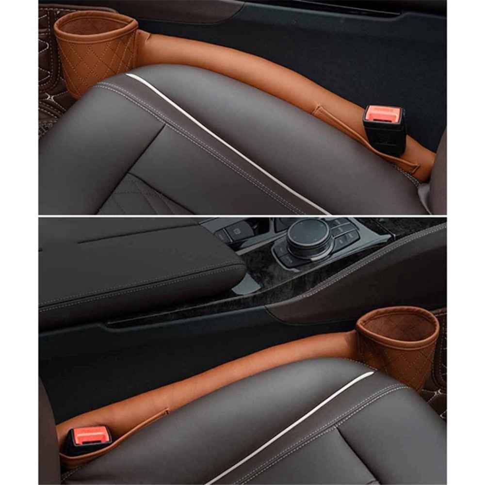 Car Seat Seam Filling Strip PU Leather Seat Gap Filler Strip with Cup Holder - Beige / Driver Side