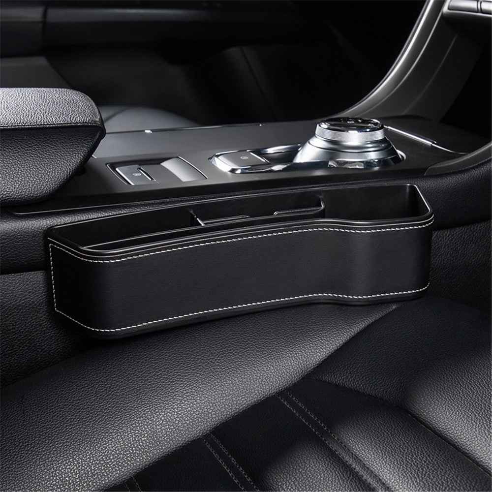 Passenger Side Car Front Seat Seam Storage Box Car Seat Gap Phone Drink Can Organizer - Black / Leather Material