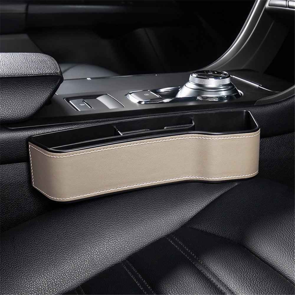 Passenger Side Car Front Seat Seam Storage Box Car Seat Gap Phone Drink Can Organizer - Beige / Leather Material