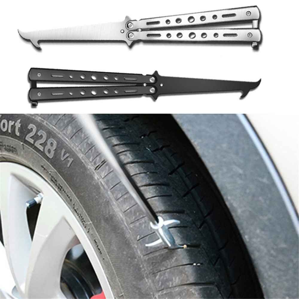 Folding Stone Removal Hook with Safety Hammer Portable Car Tire Cleaning Tool Set - Black