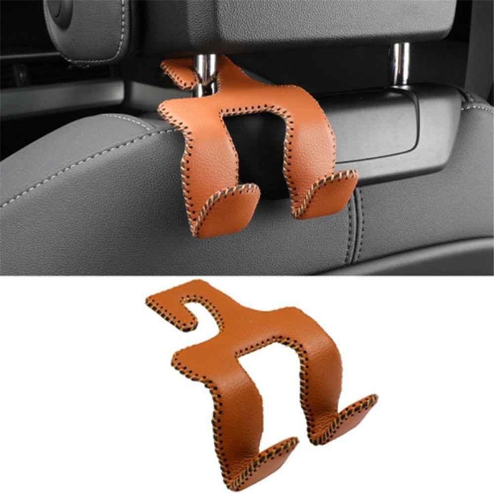 Dual Hook Design Car Seat Back Hanging Hook Stainless Steel + PU Leather Car Seat Headrest Hook Phone Holder - Brown