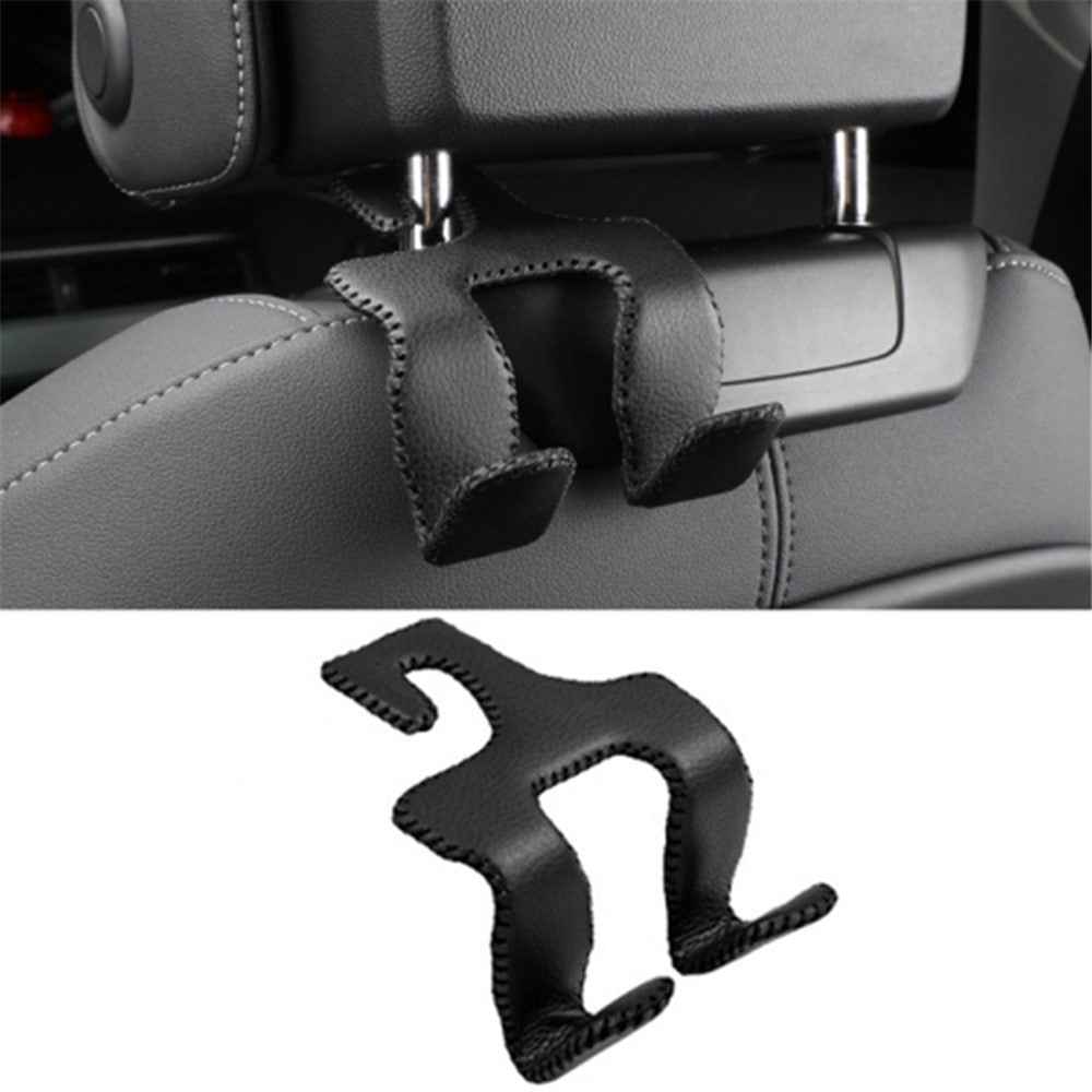 Dual Hook Design Car Seat Back Hanging Hook Stainless Steel + PU Leather Car Seat Headrest Hook Phone Holder - Black