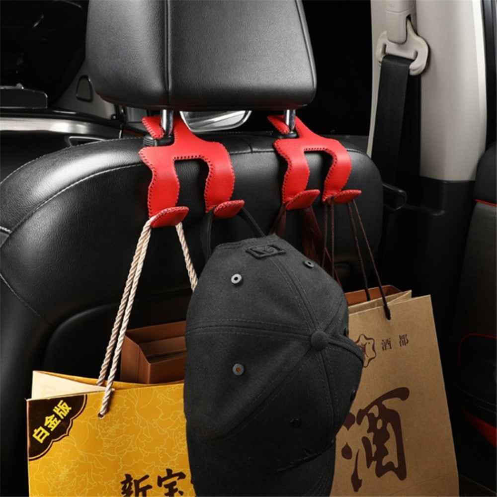 Dual Hook Design Car Seat Back Hanging Hook Stainless Steel + PU Leather Car Seat Headrest Hook Phone Holder - Red