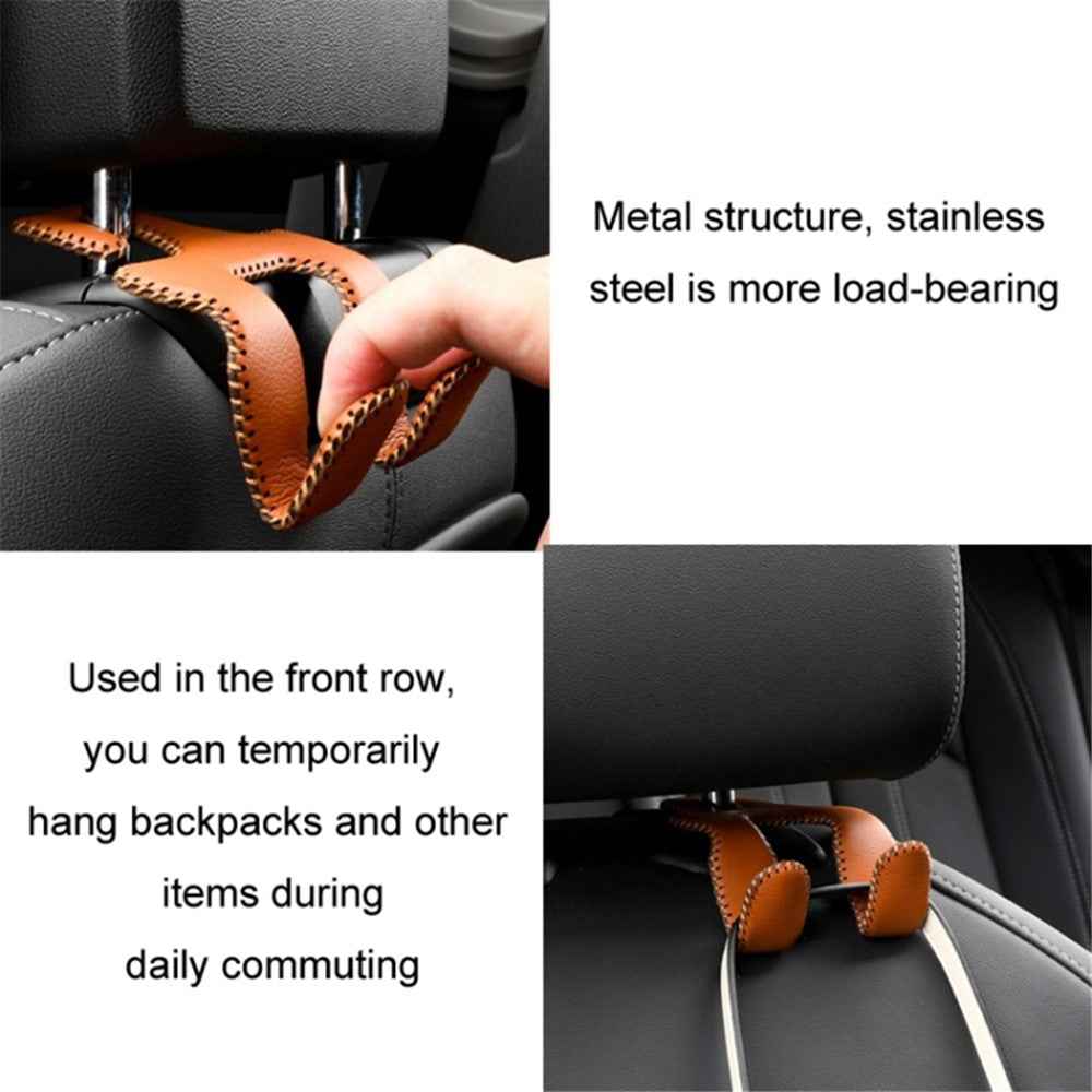 Dual Hook Design Car Seat Back Hanging Hook Stainless Steel + PU Leather Car Seat Headrest Hook Phone Holder - Grey