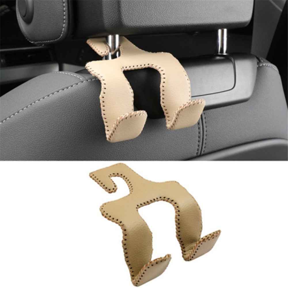 Dual Hook Design Car Seat Back Hanging Hook Stainless Steel + PU Leather Car Seat Headrest Hook Phone Holder - Beige