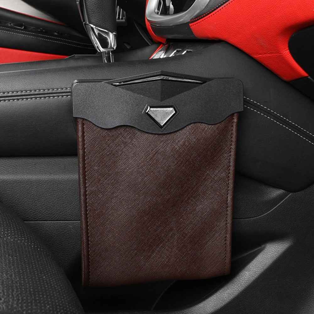 PU Leather+PC Car Trash Bag LED Light Magnetic Closure Garbage Bag Vehicle Rubbish Container Garbage Can - Brown