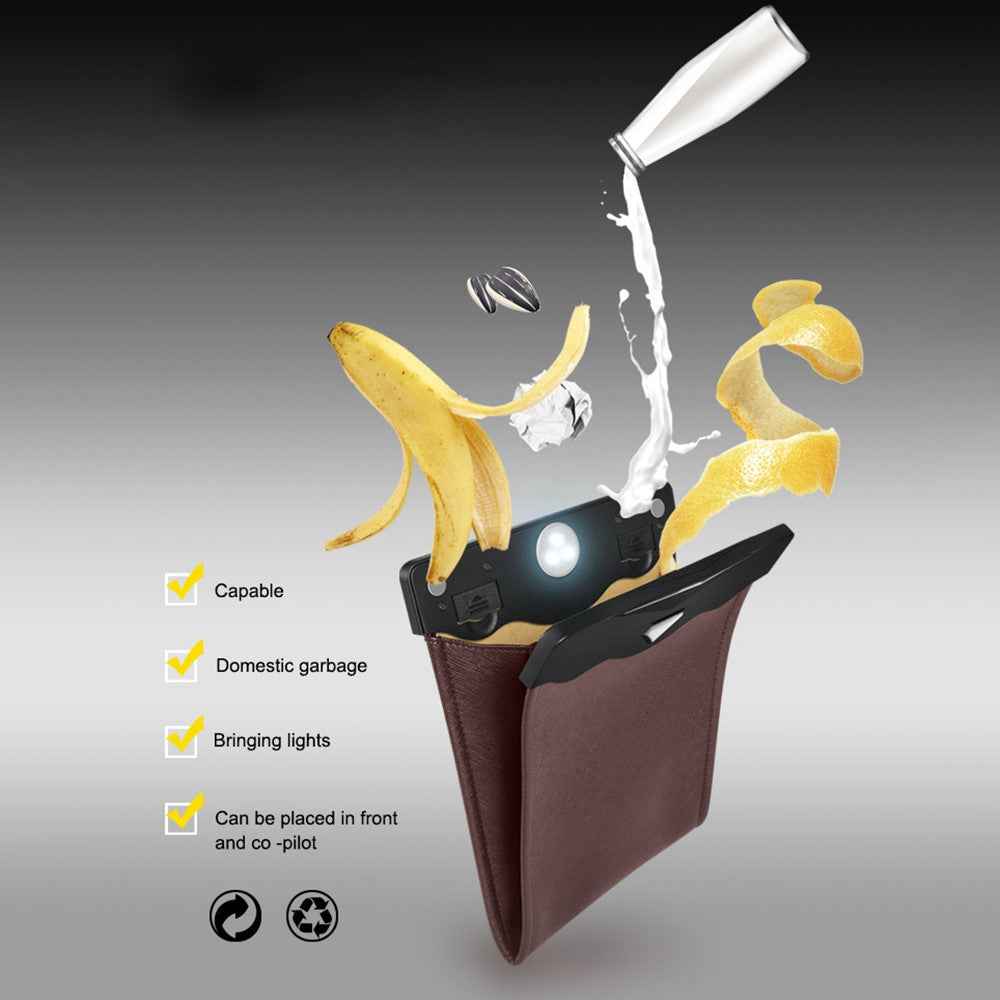 PU Leather+PC Car Trash Bag LED Light Magnetic Closure Garbage Bag Vehicle Rubbish Container Garbage Can - Beige