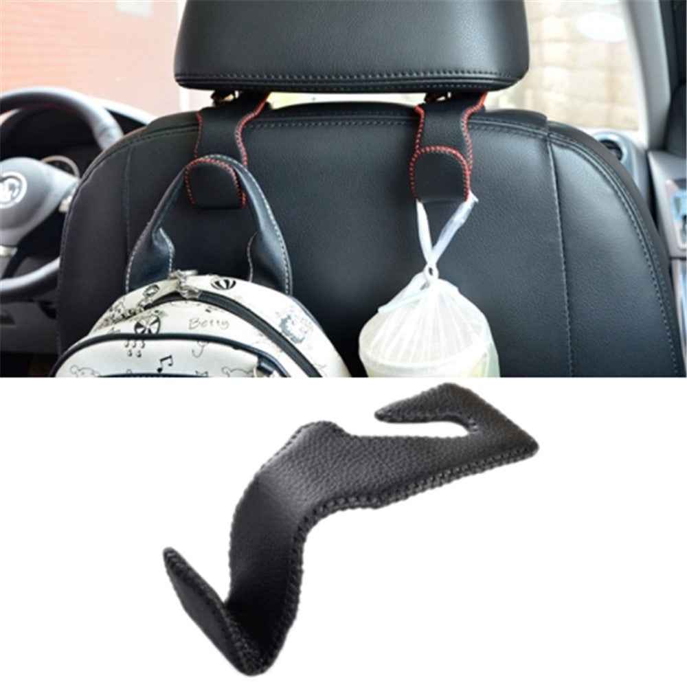 Car Seat Back Bag Hanging Hook Stainless Steel + Leather Car Seat Headrest Mount Hook - Black