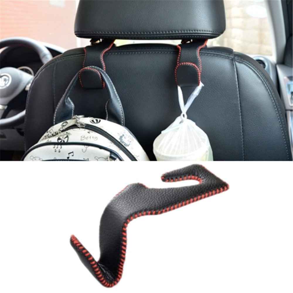 Car Seat Back Bag Hanging Hook Stainless Steel + Leather Car Seat Headrest Mount Hook - Black+Red
