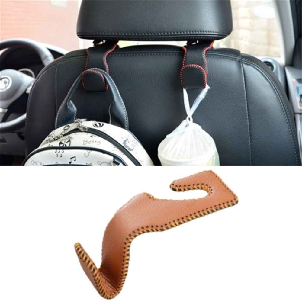 Car Seat Back Bag Hanging Hook Stainless Steel + Leather Car Seat Headrest Mount Hook - Brown