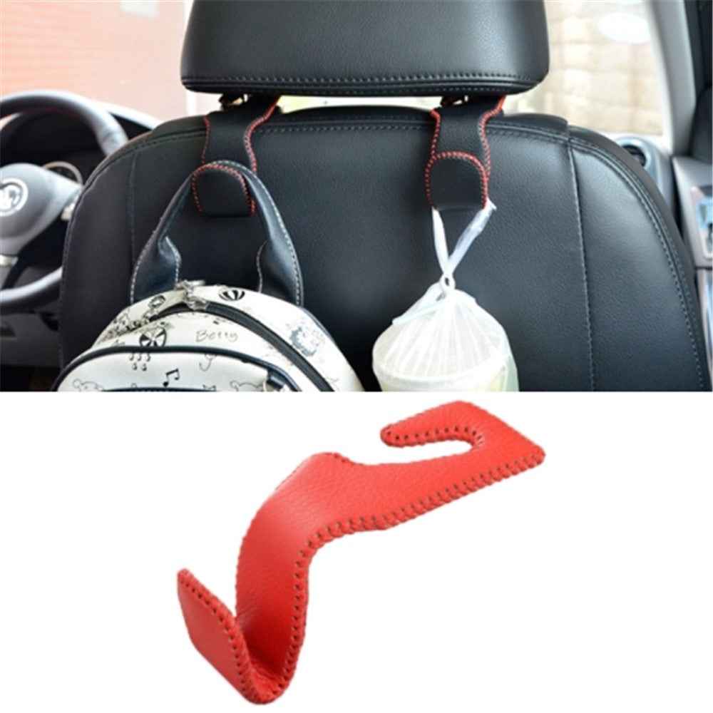 Car Seat Back Bag Hanging Hook Stainless Steel + Leather Car Seat Headrest Mount Hook - Red