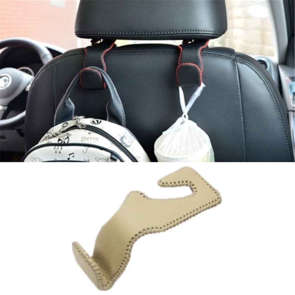 Car Seat Back Bag Hanging Hook Stainless Steel + Leather Car Seat Headrest Mount Hook - Khaki