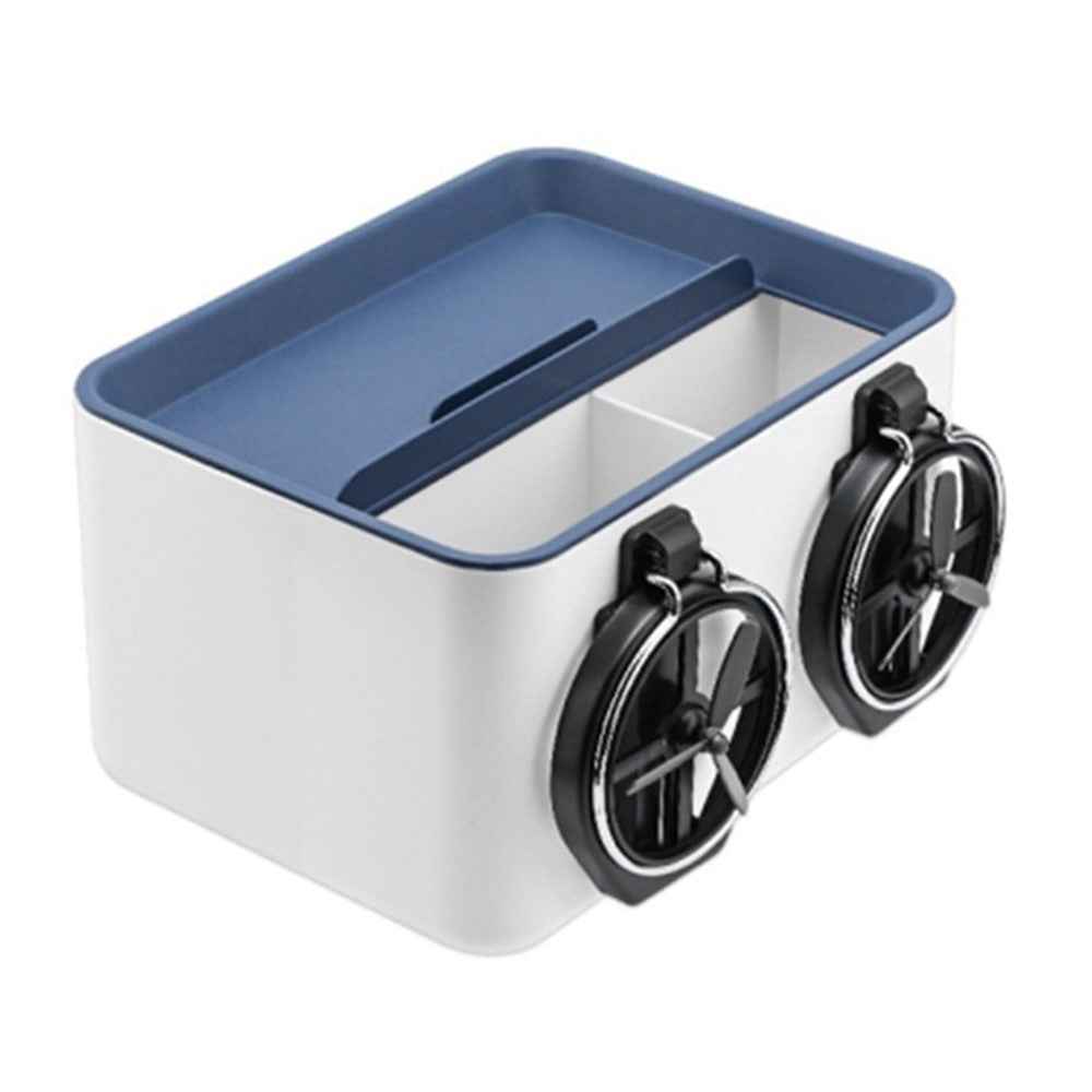 Car Armrest Storage Box ABS Tissue Case Organizer with Foldable Cup Holder - Blue+White