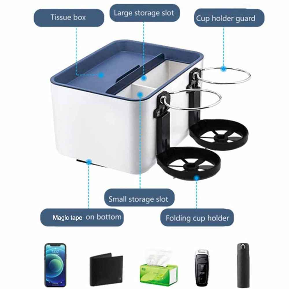 Car Armrest Storage Box ABS Tissue Case Organizer with Foldable Cup Holder - Blue+White