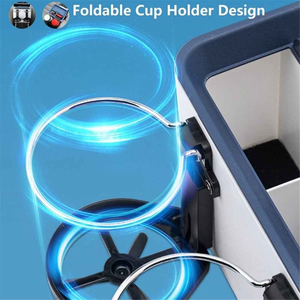 Car Armrest Storage Box ABS Tissue Case Organizer with Foldable Cup Holder - Grey+White