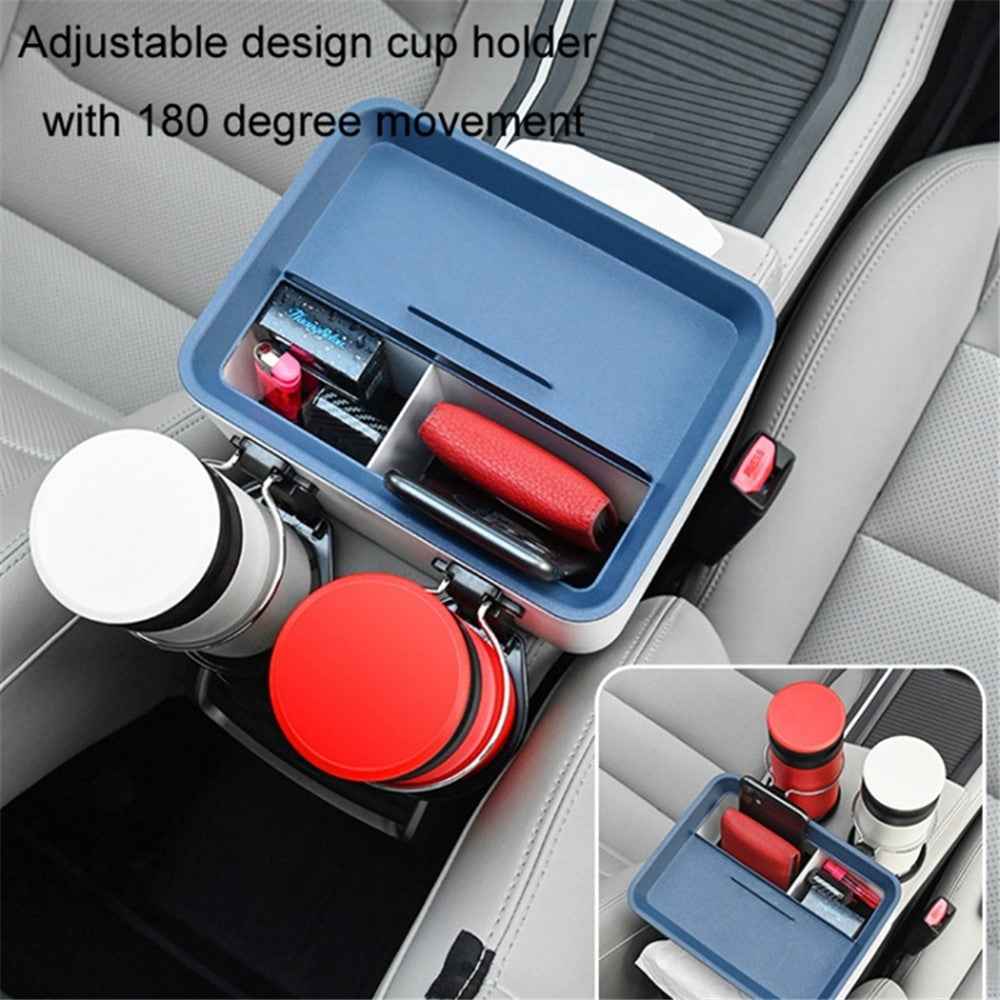 Car Armrest Storage Box ABS Tissue Case Organizer with Foldable Cup Holder - Grey+White
