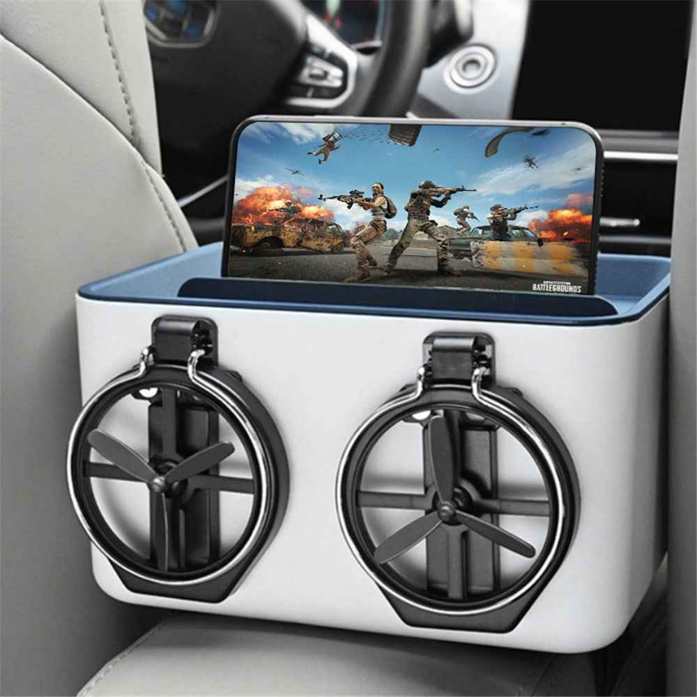 Car Armrest Storage Box ABS Tissue Case Organizer with Foldable Cup Holder - Grey+White