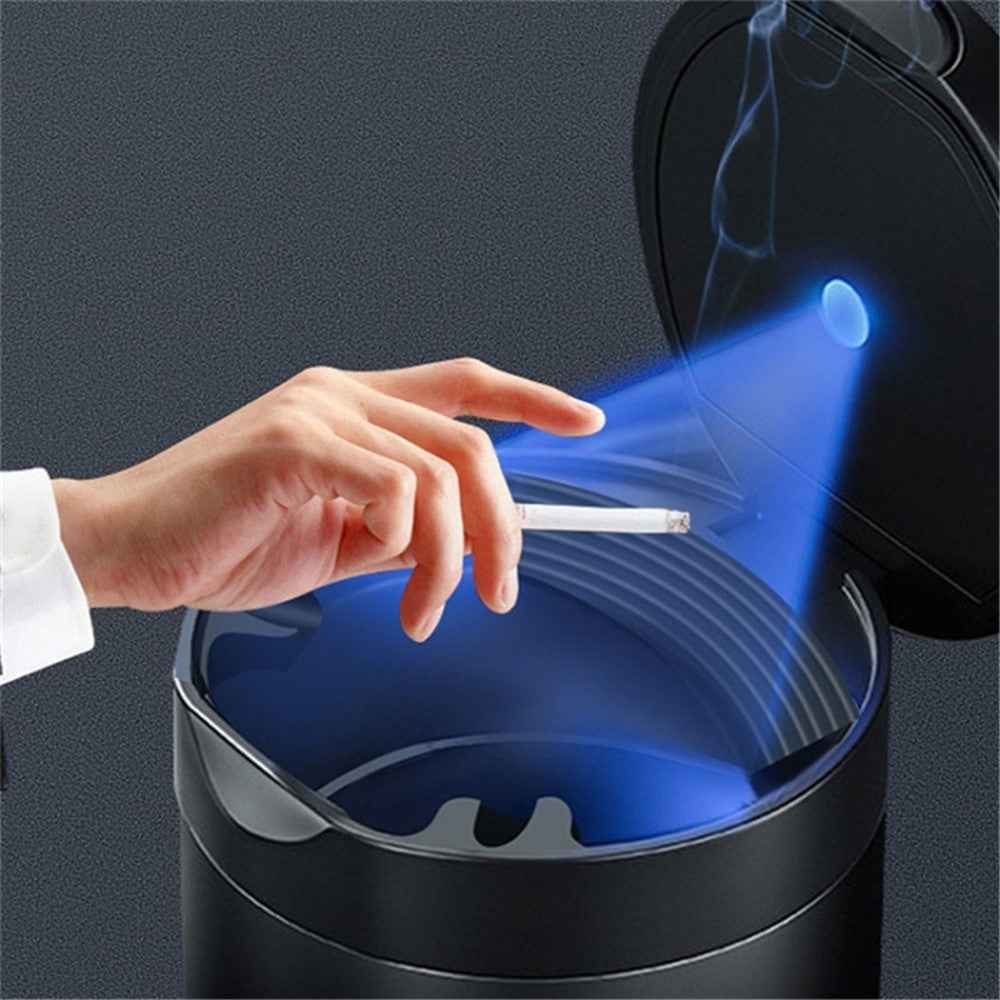 Aluminum Alloy Car Ashtray with LED Light Flame Retardant Good Sealing Ash Storage Holder - Black