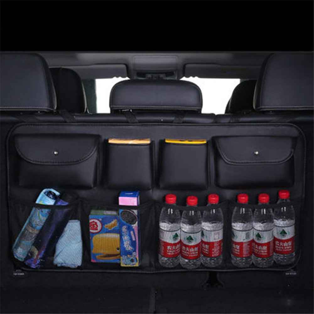 Car Trunk Leather Storage Bag Large Capacity Automotive Backseat Organizer (Mesh Style) - Black