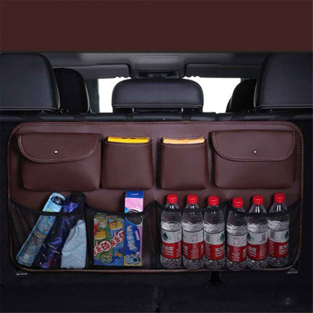 Car Trunk Leather Storage Bag Large Capacity Automotive Backseat Organizer (Mesh Style) - Coffee