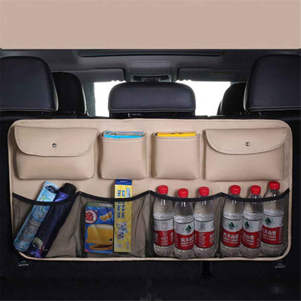 Car Trunk Leather Storage Bag Large Capacity Automotive Backseat Organizer (Mesh Style) - Beige