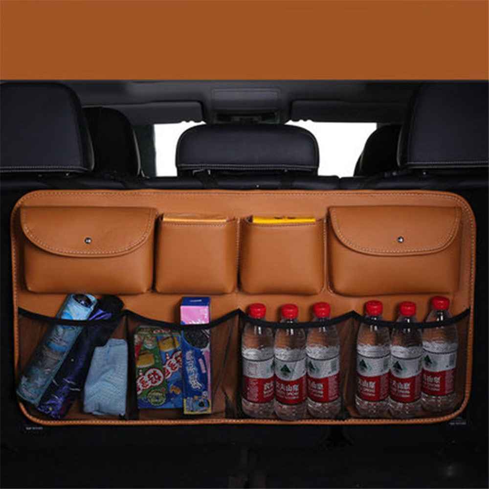 Car Trunk Leather Storage Bag Large Capacity Automotive Backseat Organizer (Mesh Style) - Brown