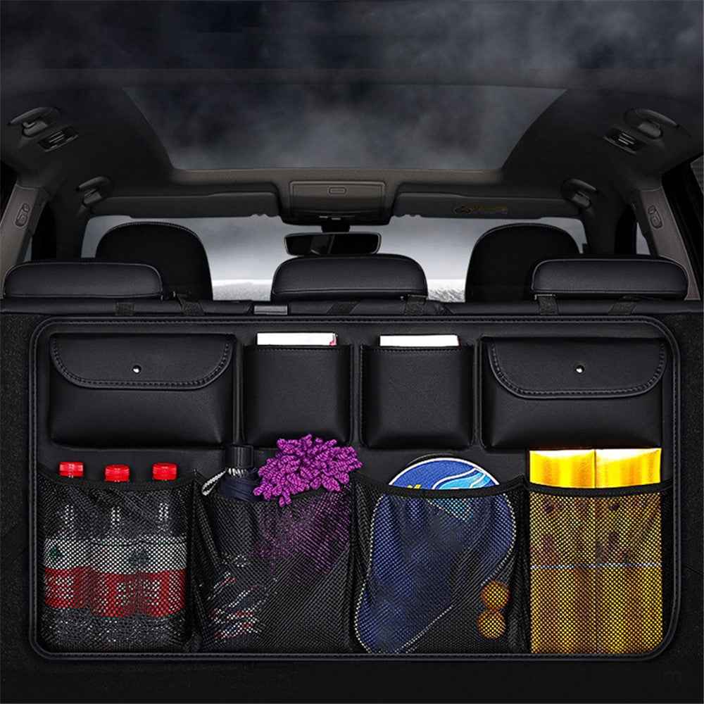 Car Trunk Leather Storage Bag Large Capacity Automotive Backseat Organizer (Mesh Style) - Brown