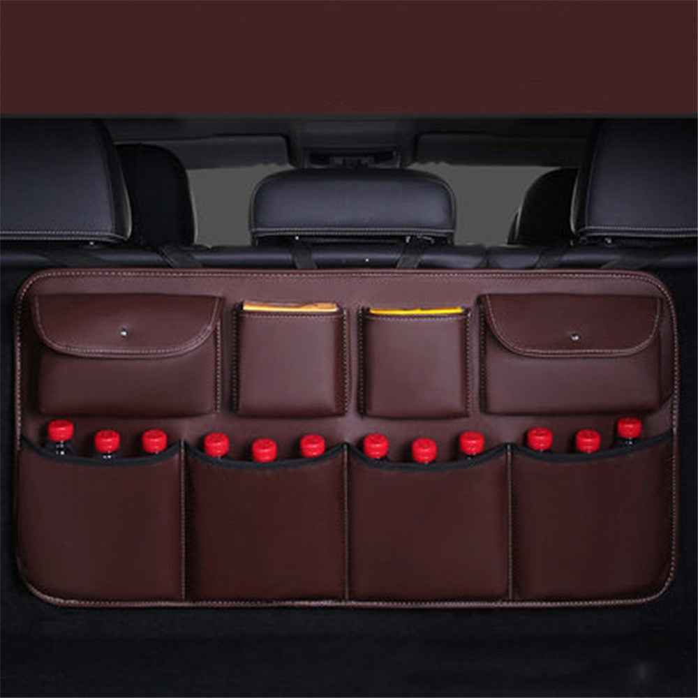 Leather Car Back Seat Storage Bag Automotive Seat Back Organizer for Bottle, Snack, Napkin - Coffee