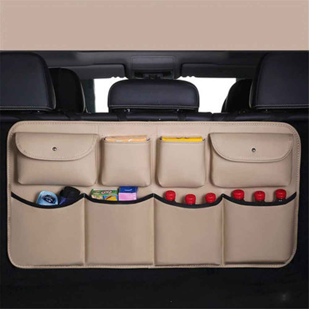 Leather Car Back Seat Storage Bag Automotive Seat Back Organizer for Bottle, Snack, Napkin - Beige