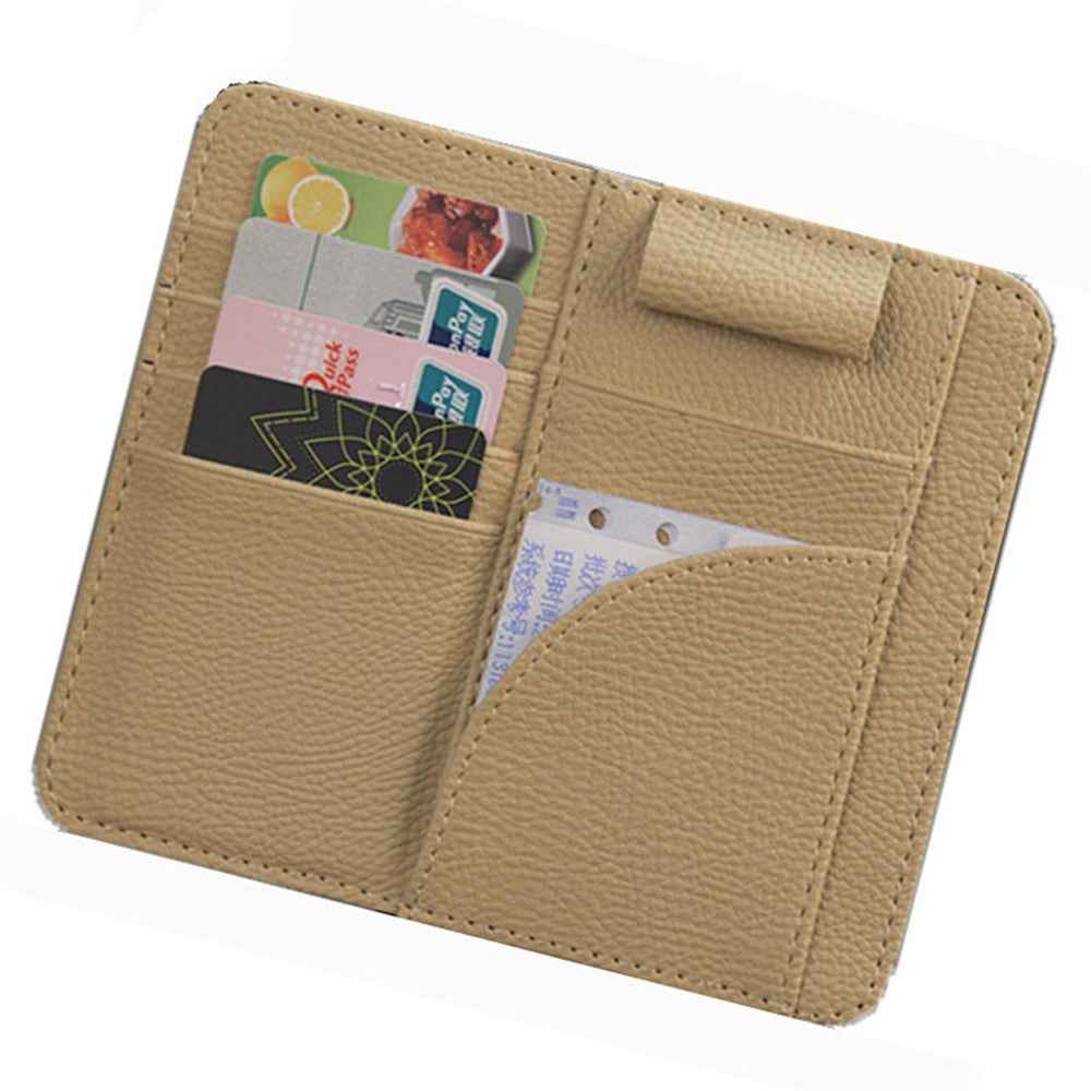 Car Sun Visor Storage Bag PU Leather Cards Bills Driver License Holder Bag - Beige