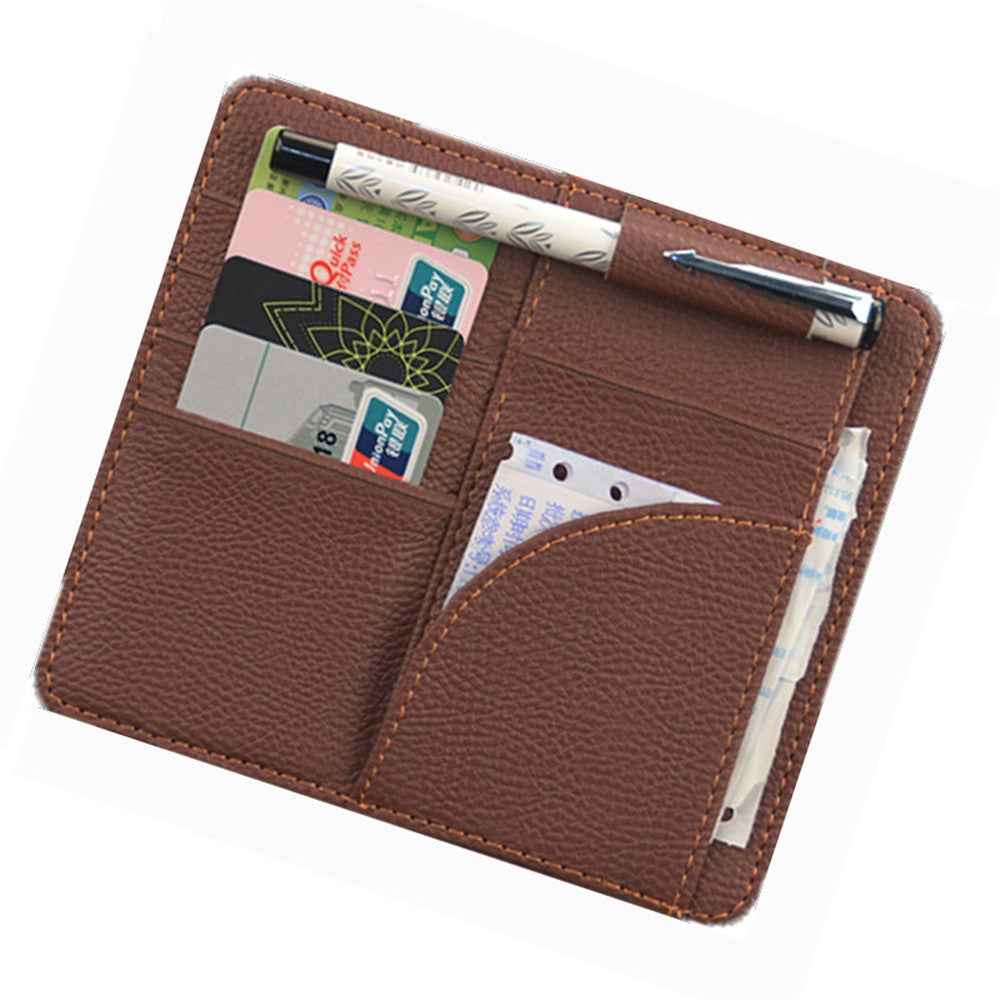 Car Sun Visor Storage Bag PU Leather Cards Bills Driver License Holder Bag - Brown