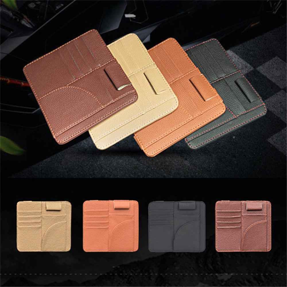 Car Sun Visor Storage Bag PU Leather Cards Bills Driver License Holder Bag - Black