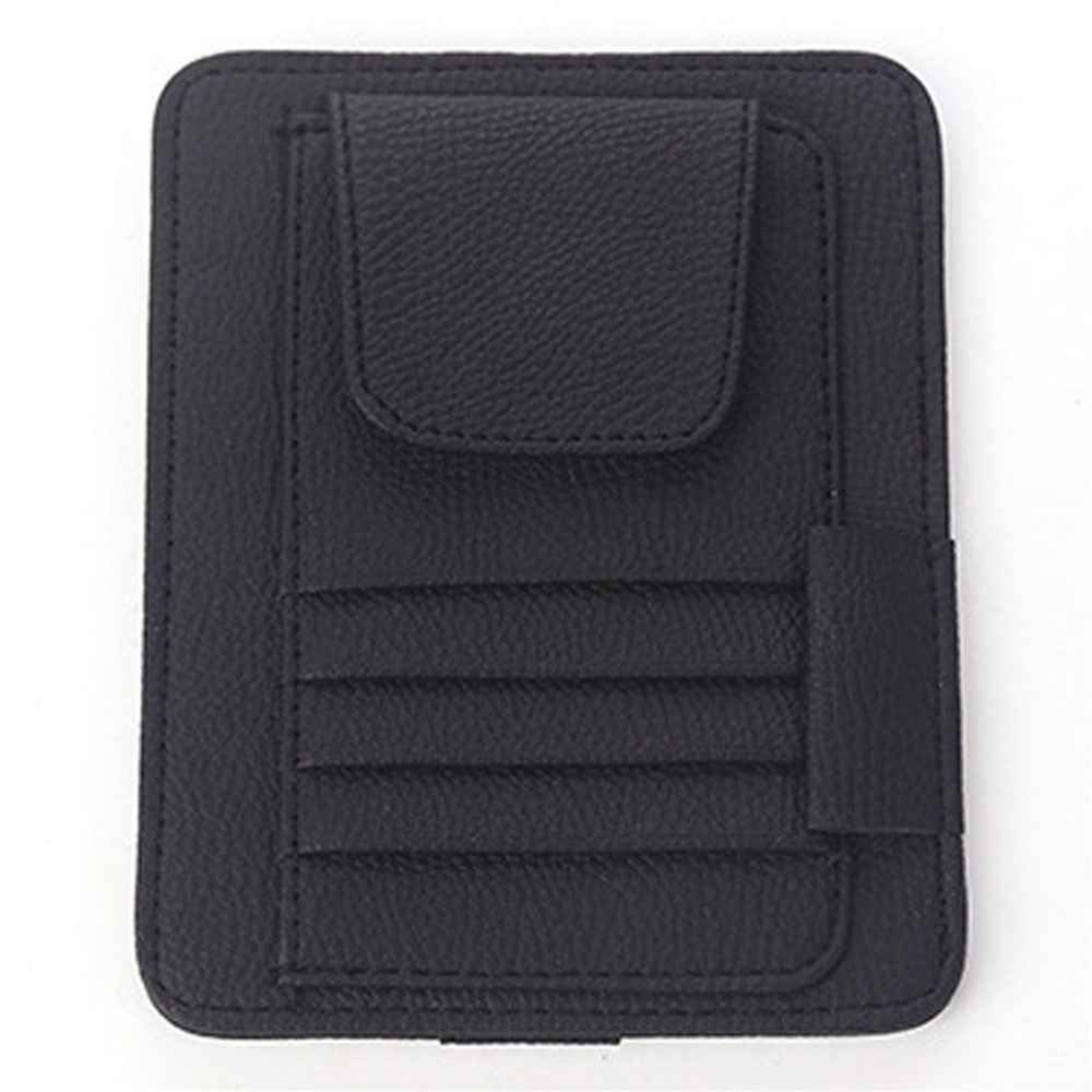 Car Sun Visor Storage Bag Litchi Texture PU Leather Cards Bills Glasses Holder - Black