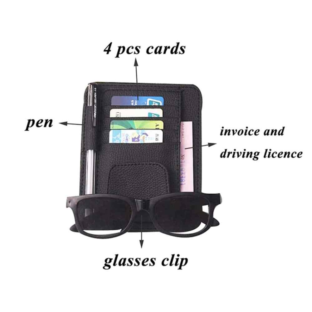 Car Sun Visor Storage Bag Litchi Texture PU Leather Cards Bills Glasses Holder - Black