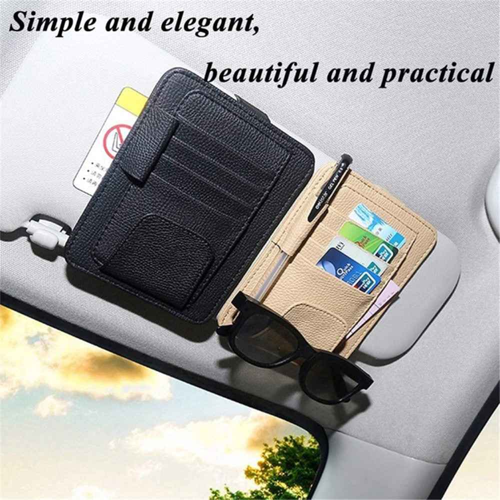 Car Sun Visor Storage Bag Litchi Texture PU Leather Cards Bills Glasses Holder - Black