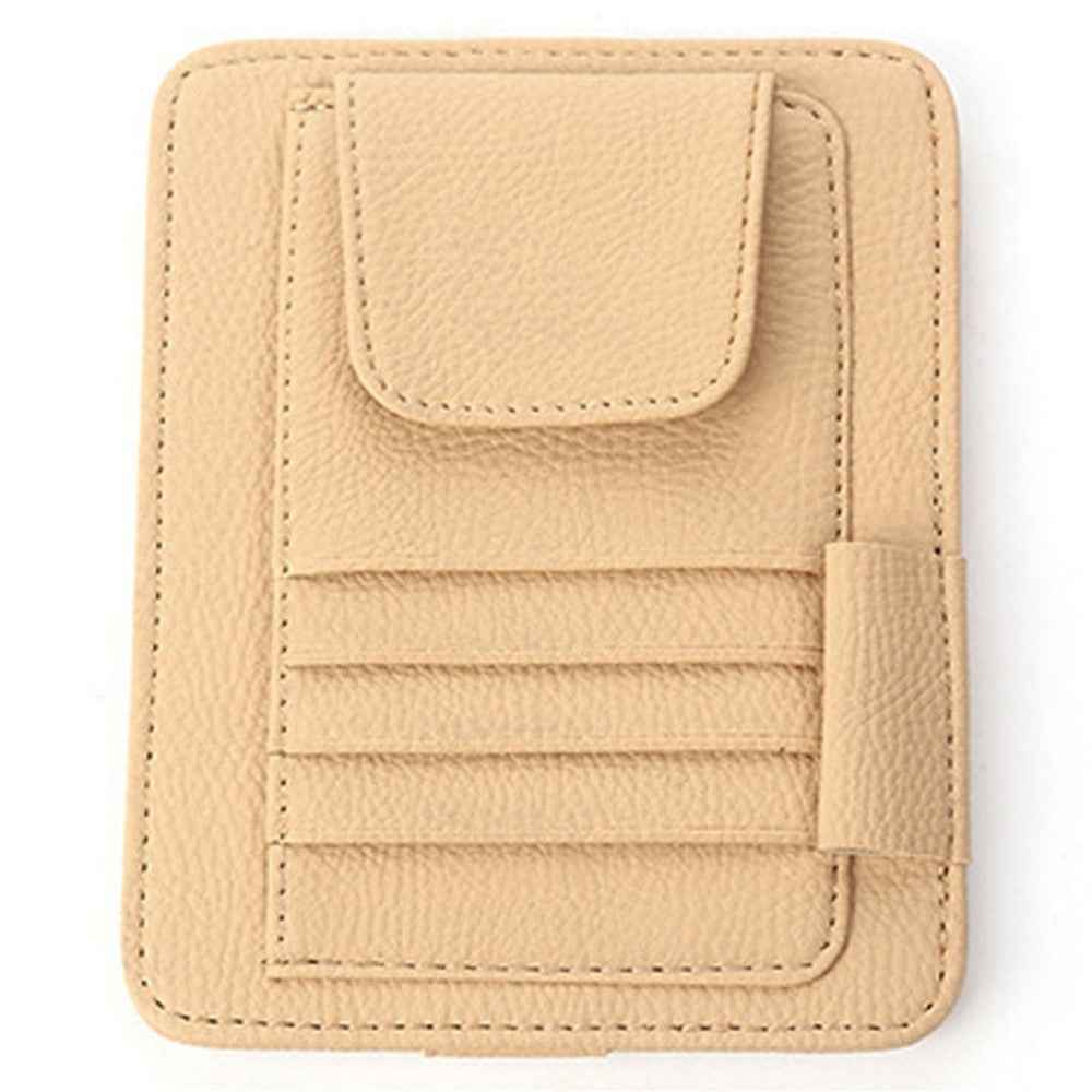 Car Sun Visor Storage Bag Litchi Texture PU Leather Cards Bills Glasses Holder - Beige