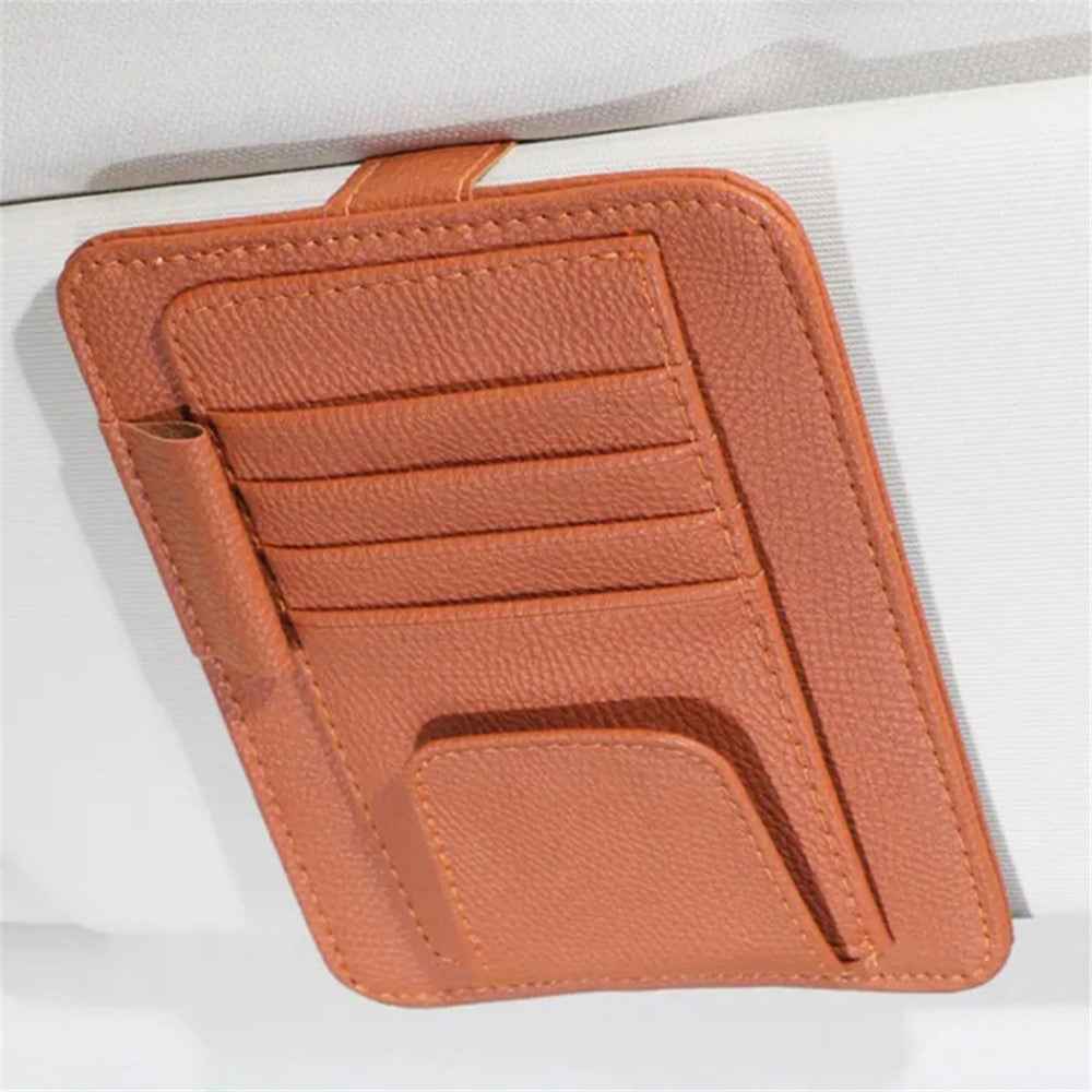Car Sun Visor Storage Bag Litchi Texture PU Leather Cards Bills Glasses Holder - Beige