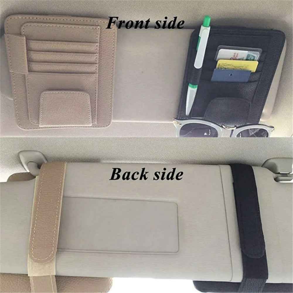 Car Sun Visor Storage Bag Litchi Texture PU Leather Cards Bills Glasses Holder - Beige