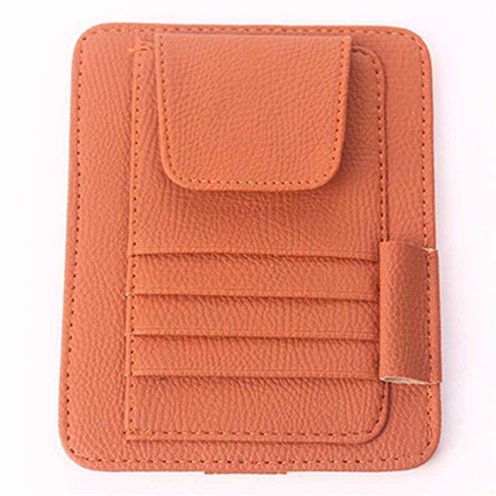 Car Sun Visor Storage Bag Litchi Texture PU Leather Cards Bills Glasses Holder - Orange