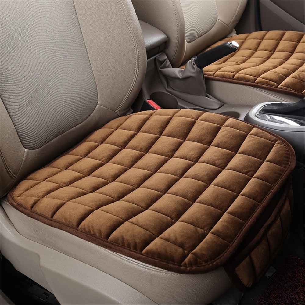 Non-slip Winter Car Front Seat Cover Pad Universal Warm Velvet Cushion with Pocket - Coffee