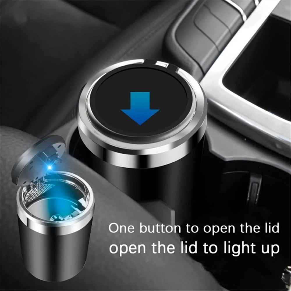 ABS+Metal Liner LED Light Car Ashtray Vehicle Interior Garbage Can Ashtray with Lid - Blue
