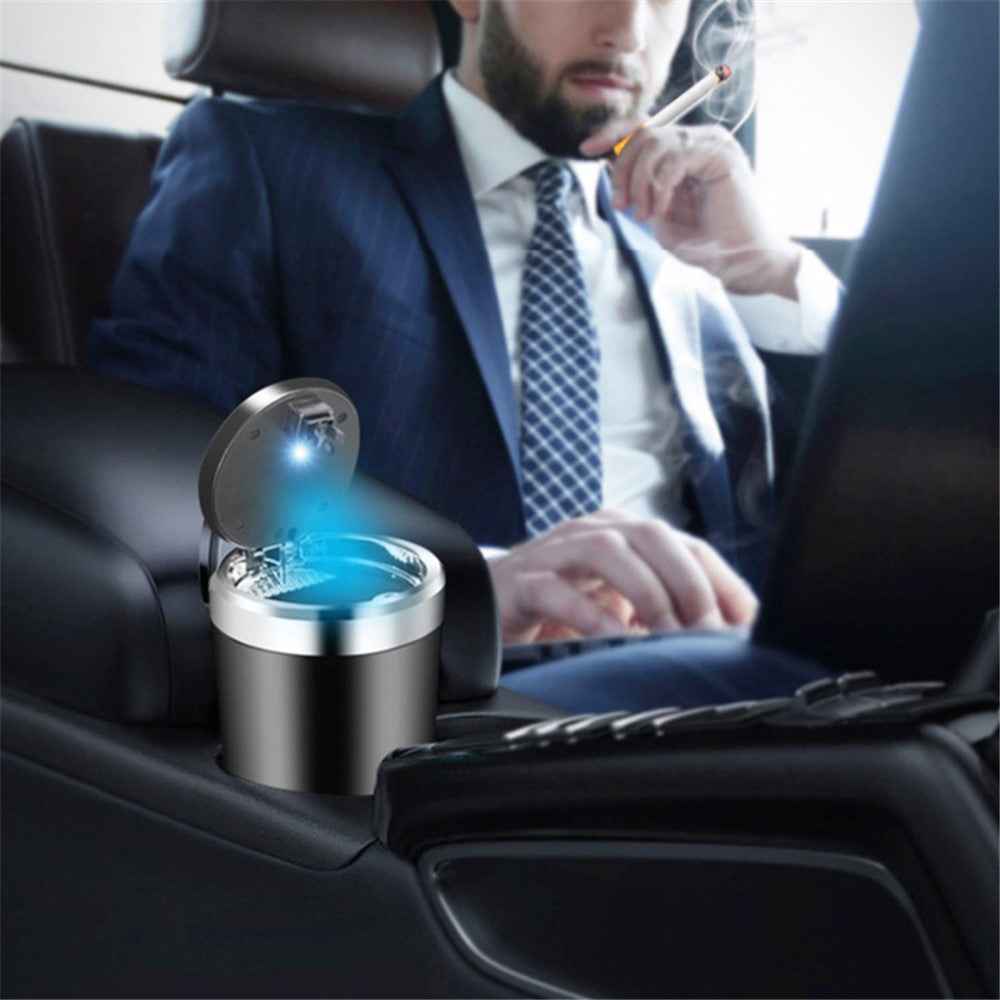 ABS+Metal Liner LED Light Car Ashtray Vehicle Interior Garbage Can Ashtray with Lid - Blue
